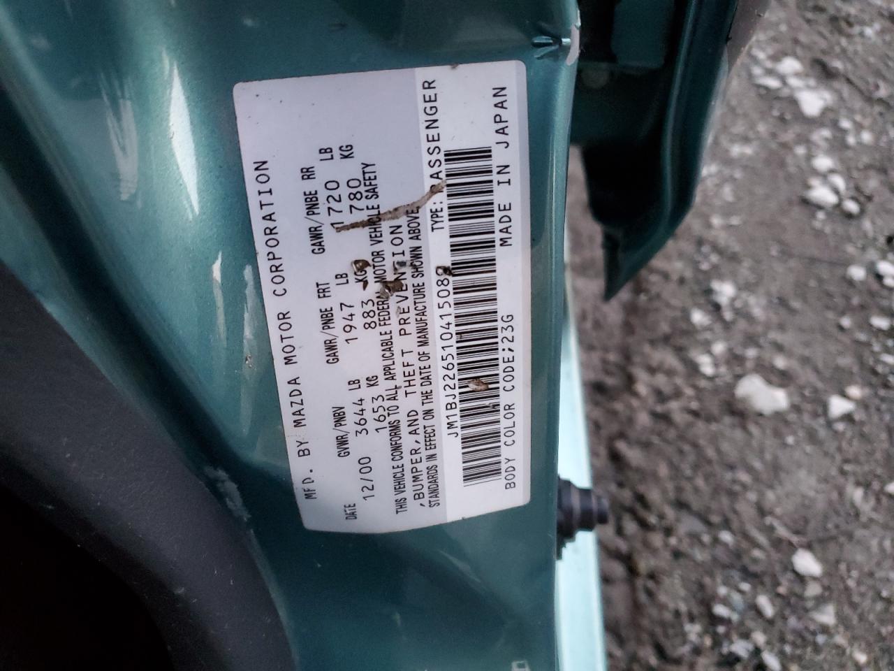 2001 Mazda Protege VIN JM1BJ226510415089 Copart auction photo, side damage thumbnail 12