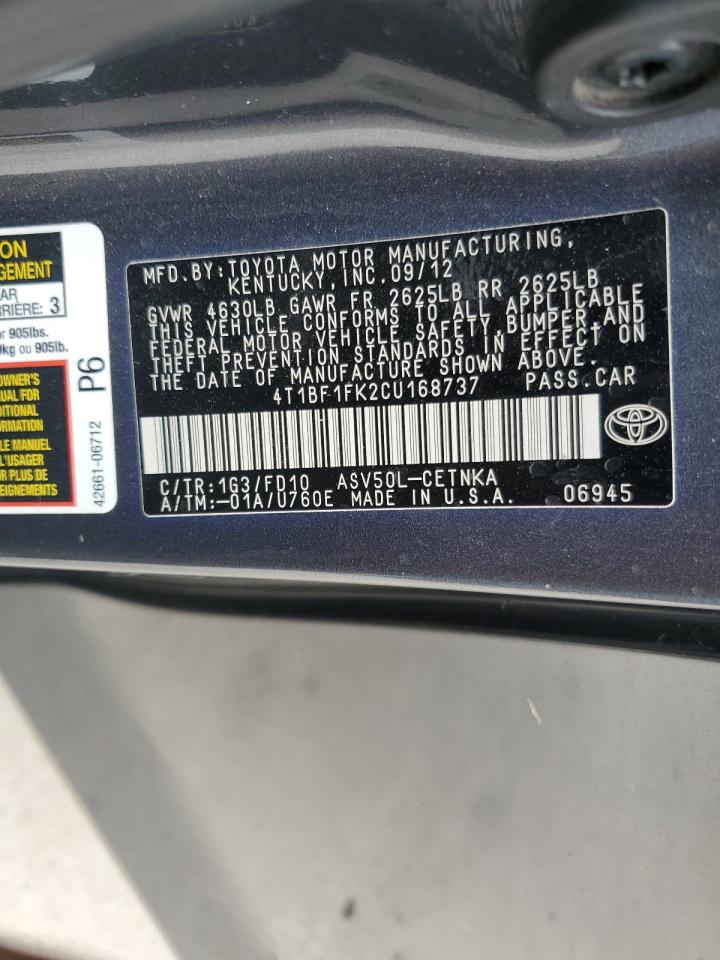2012 Toyota Camry VIN 4T1BF1FK2CU168737 Copart auction photo, front end / rear end damage thumbnail 14