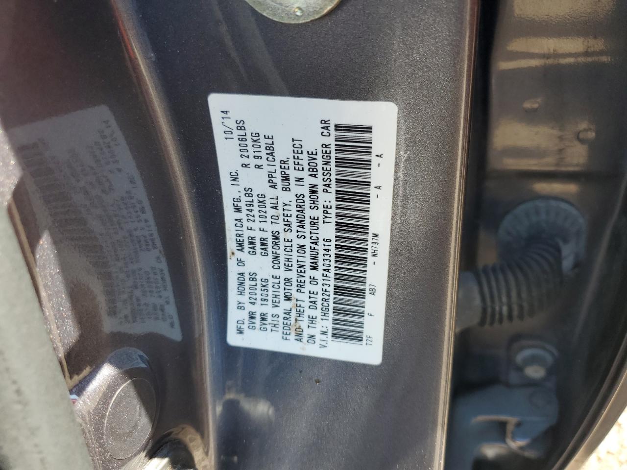2015 Honda Accord VIN 1HGCR2F31FA033416 Copart auction photo, front end damage thumbnail 13
