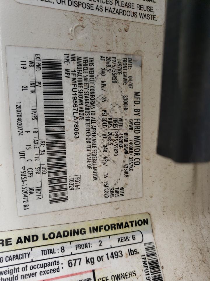 2007 Ford Expedition VIN 1FMFU19567LA78063 Copart auction photo, front end / rear end damage thumbnail 15