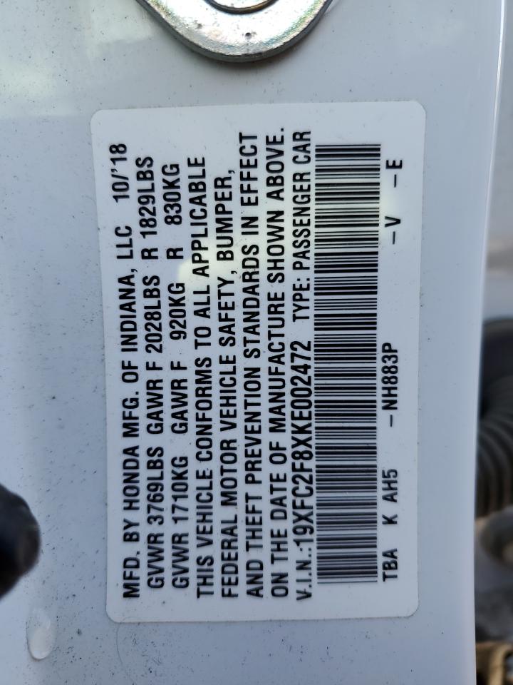 2019 Honda Civic VIN 19XFC2F8XKE002472 Copart auction photo, front end damage thumbnail 12