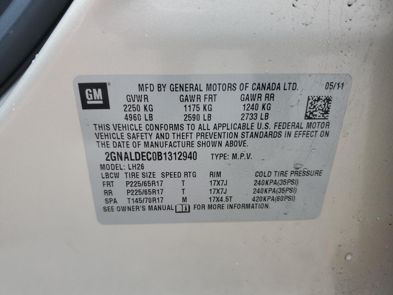 2011 Chevrolet Equinox VIN 2GNALDEC0B1312940 Copart auction photo, front end / minor dent/scratches damage thumbnail 16
