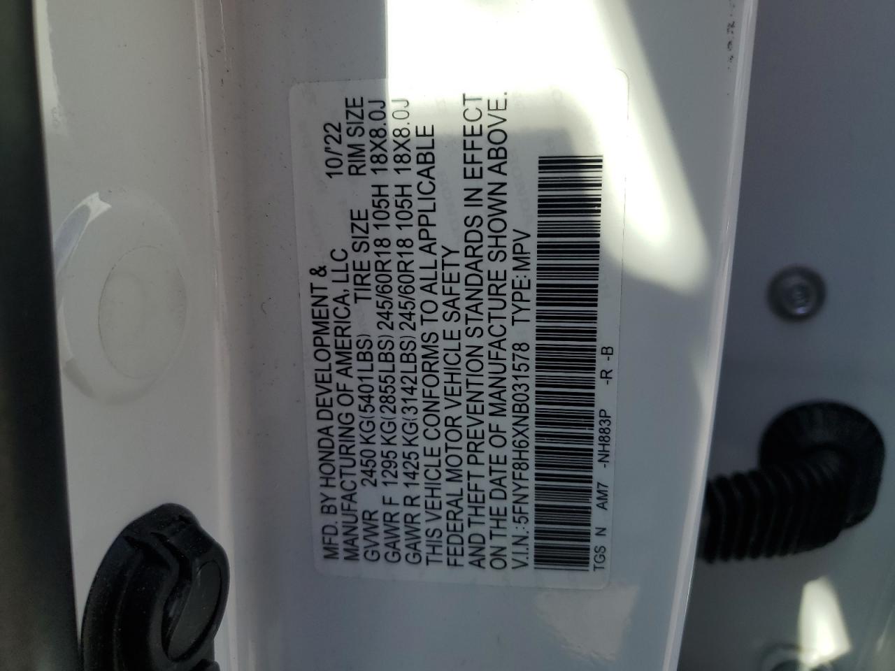 2022 Honda Passport VIN 5FNYF8H6XNB031578 Copart auction photo, all over damage thumbnail 14