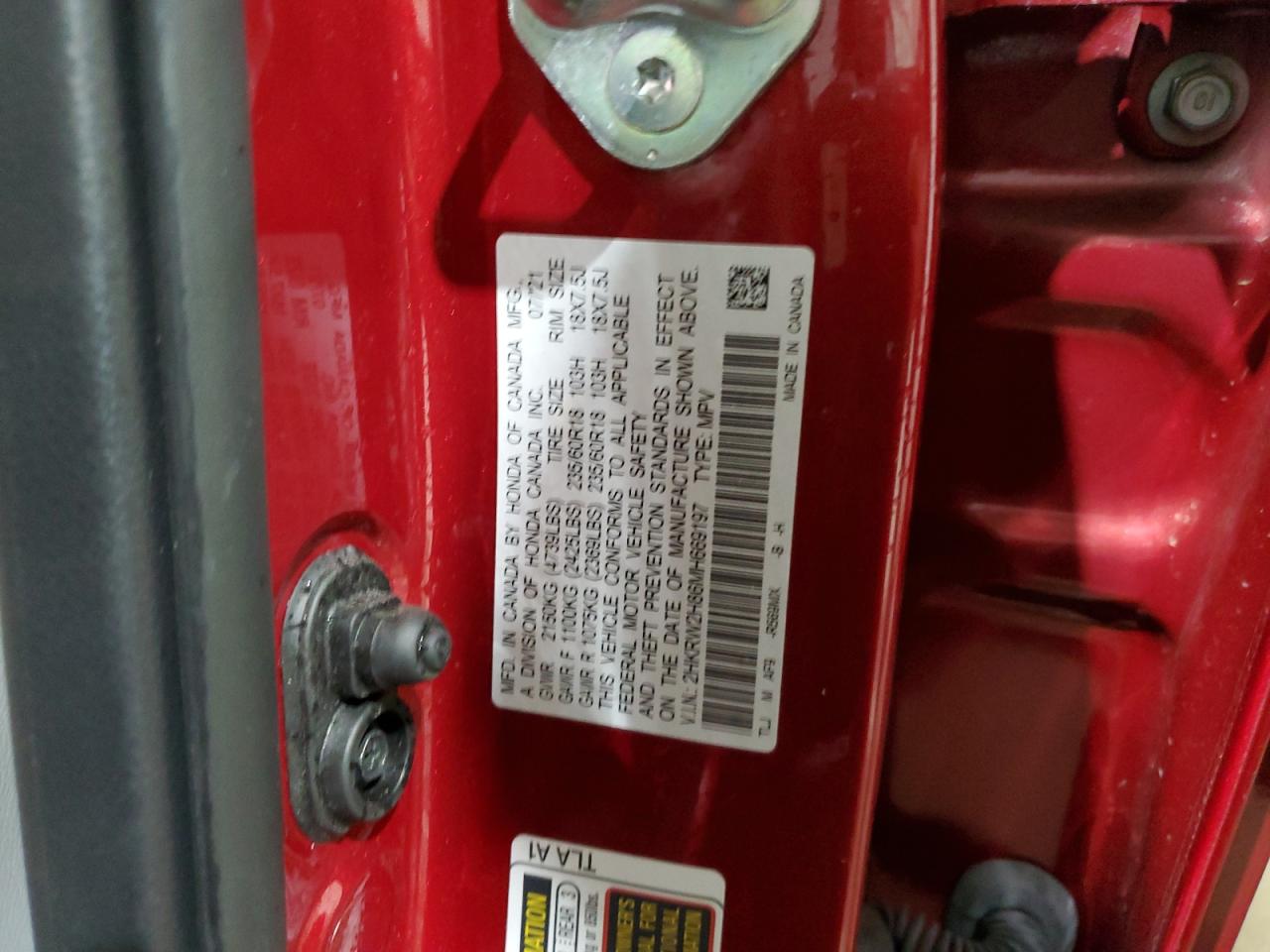 2021 Honda CR-V VIN 2HKRW2H86MH669197 Copart auction photo, front end / side damage thumbnail 14