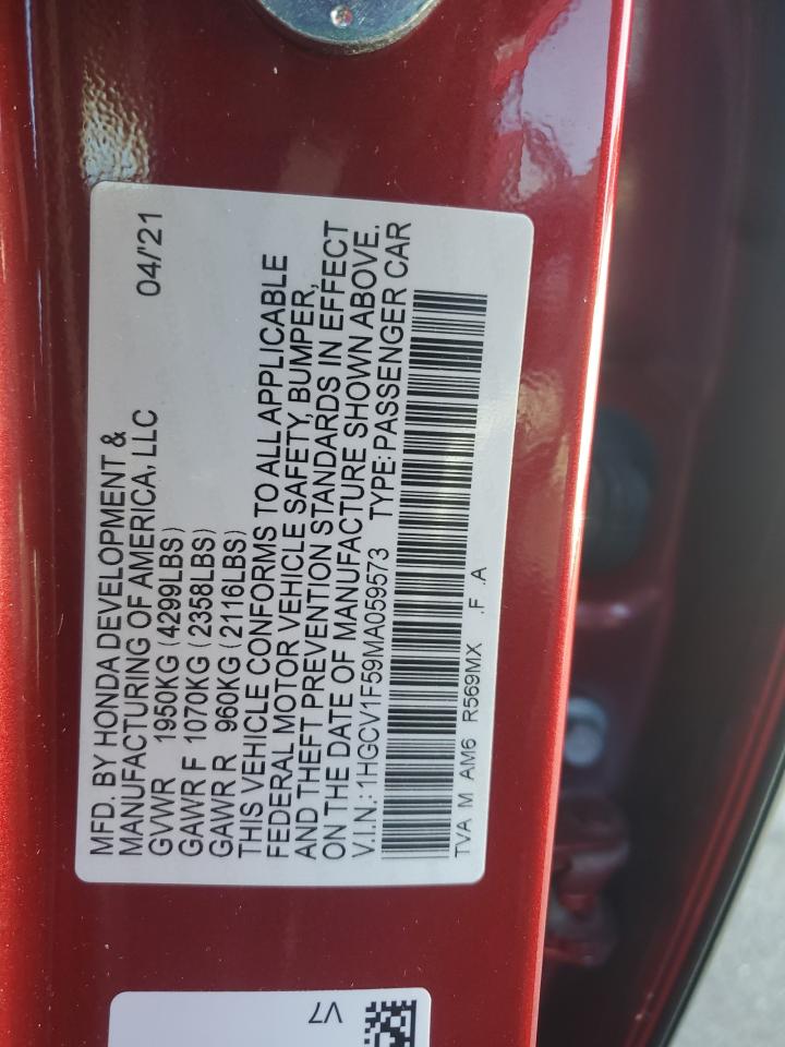 2021 Honda Accord VIN 1HGCV1F59MA059573 Copart auction photo, front end damage thumbnail 13