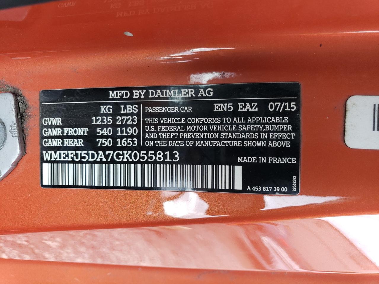 2016 Smart Fortwo VIN WMEFJ5DA7GK055813 Copart auction photo, all over damage thumbnail 14