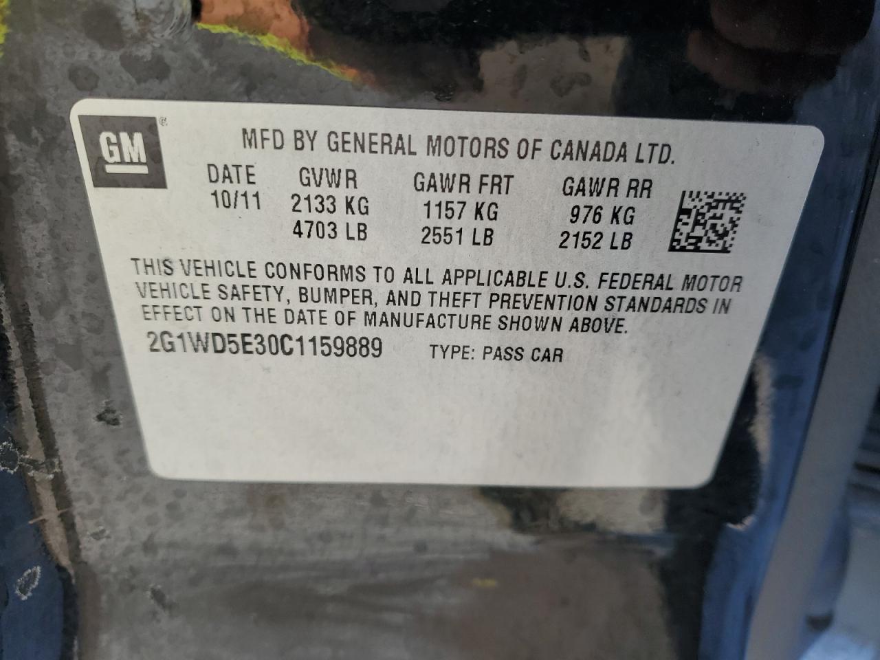 2012 Chevrolet Impala VIN 2G1WD5E30C1159889 Copart auction photo, front end damage thumbnail 14