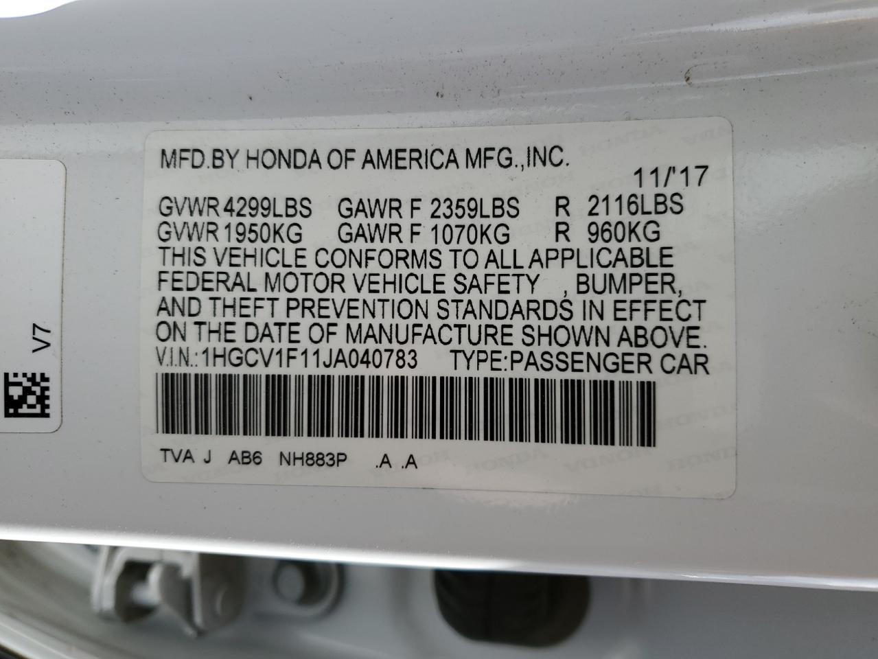 2018 Honda Accord VIN 1HGCV1F11JA040783 Copart auction photo, front end / undercarriage damage thumbnail 15