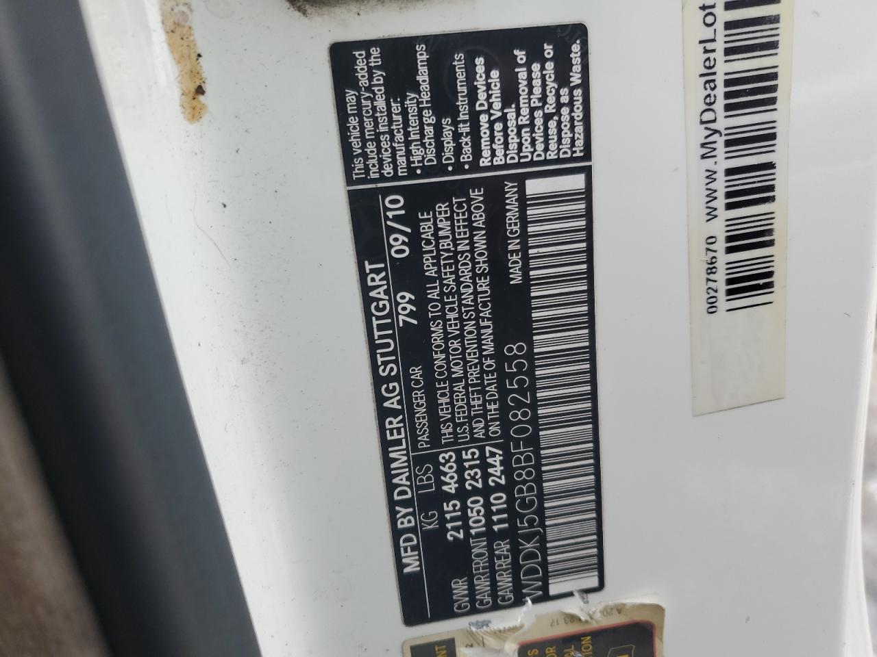 2011 Mercedes-Benz E-klasse VIN WDDKJ5GB8BF082558 Copart auction photo, mechanical / minor dent/scratches damage thumbnail 12