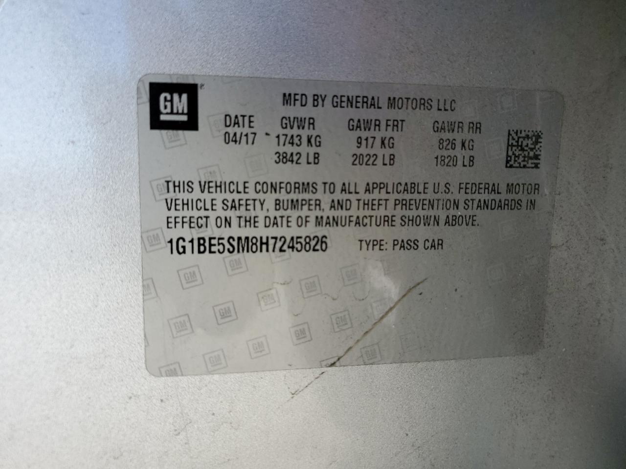 2017 Chevrolet Cruze VIN 1G1BE5SM8H7245826 Copart auction photo, front end / minor dent/scratches damage thumbnail 12