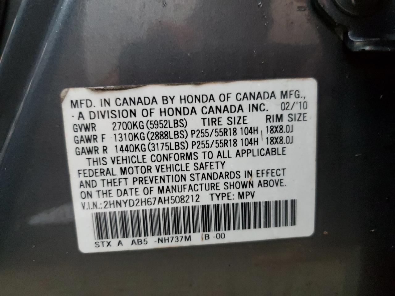 2010 Acura MDX VIN 2HNYD2H67AH508212 Copart auction photo, water/flood damage thumbnail 14