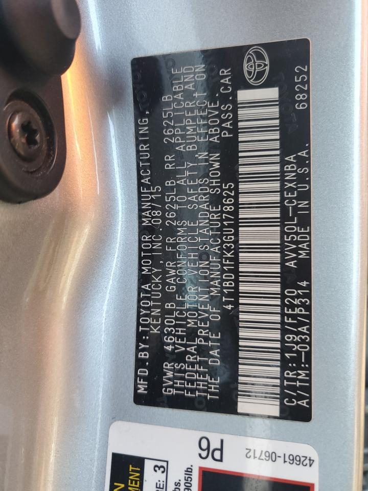 2016 Toyota Camry VIN 4T1BD1FK3GU178625 Copart auction photo, front end / side damage thumbnail 12