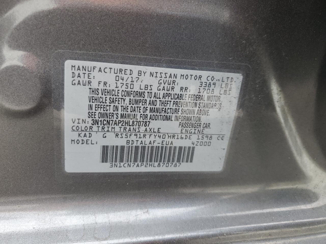 2017 Nissan Versa VIN 3N1CN7AP2HL870787 Copart auction photo, minor dent/scratches damage thumbnail 12