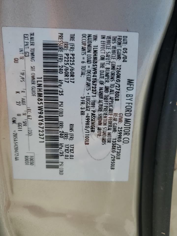 2004 Lincoln Town Car VIN 1LNHM85W94Y672371 Copart auction photo, top/roof / side damage thumbnail 12