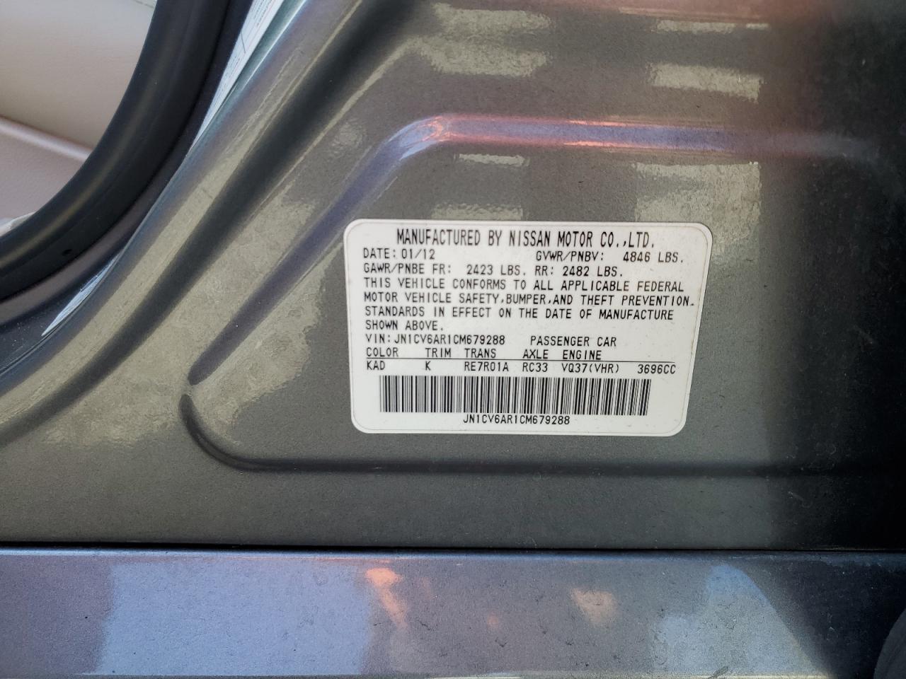 2012 Infiniti G VIN JN1CV6AR1CM679288 Copart auction photo, all over damage thumbnail 14