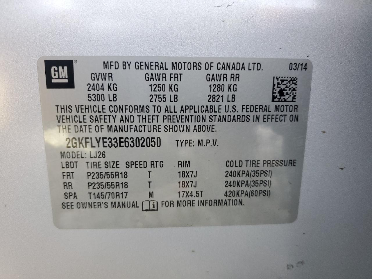 2014 GMC Terrain VIN 2GKFLYE33E6302050 Copart auction photo, minor dent/scratches damage thumbnail 13