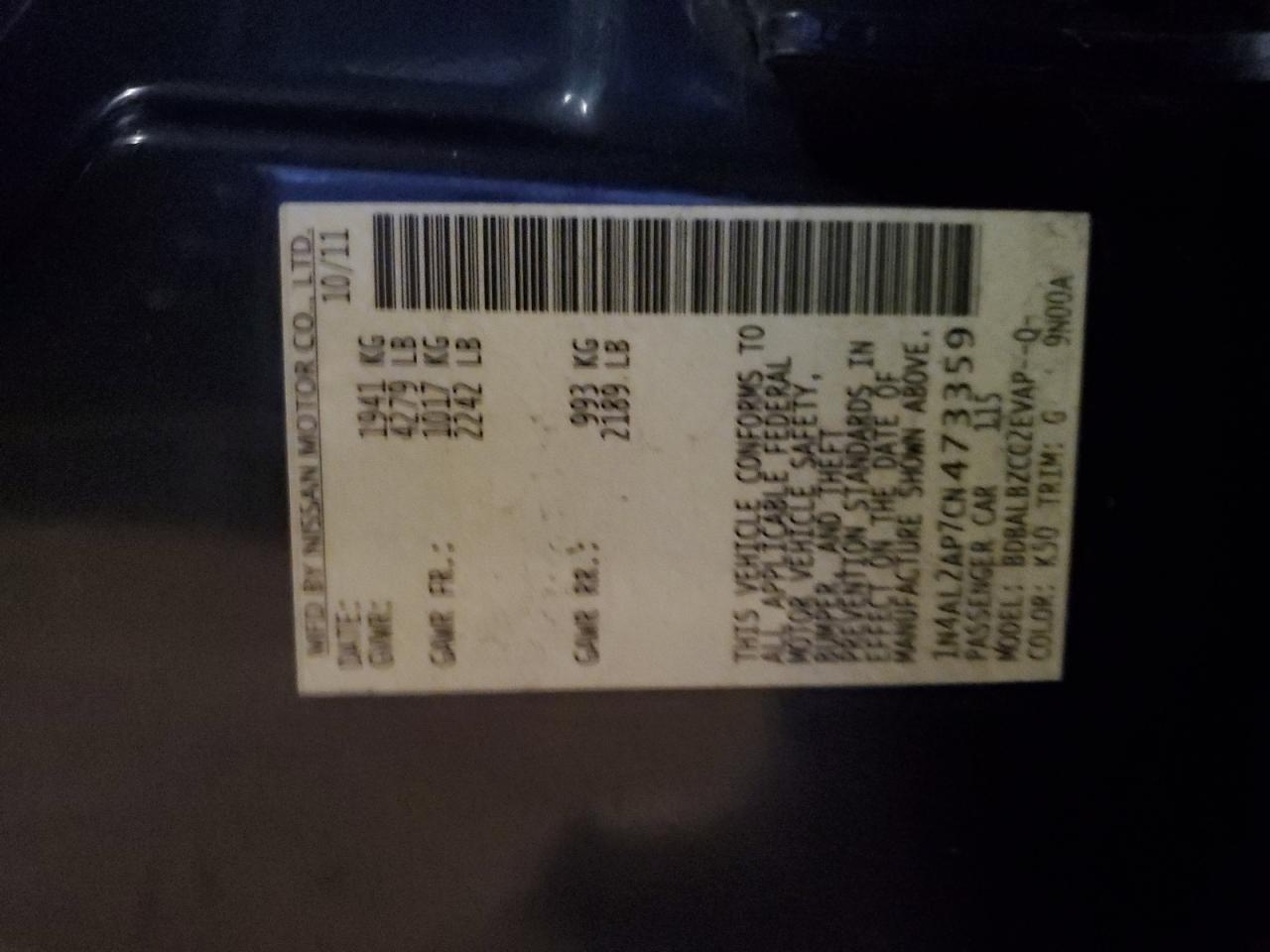 2012 Nissan Altima VIN 1N4AL2AP7CN473359 Copart auction photo, front end damage thumbnail 12