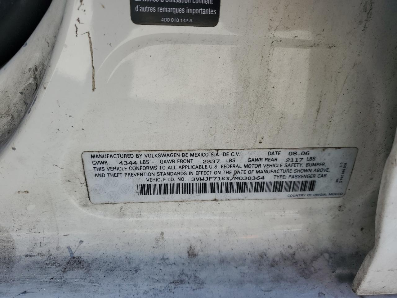 2007 Volkswagen Jetta VIN 3VWJF71KX7M030364 Copart auction photo, front end damage thumbnail 13