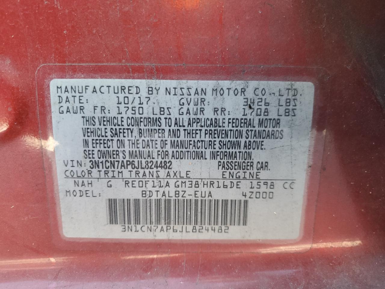 2018 Nissan Versa VIN 3N1CN7AP6JL824482 Copart auction photo, side / rear end damage thumbnail 13