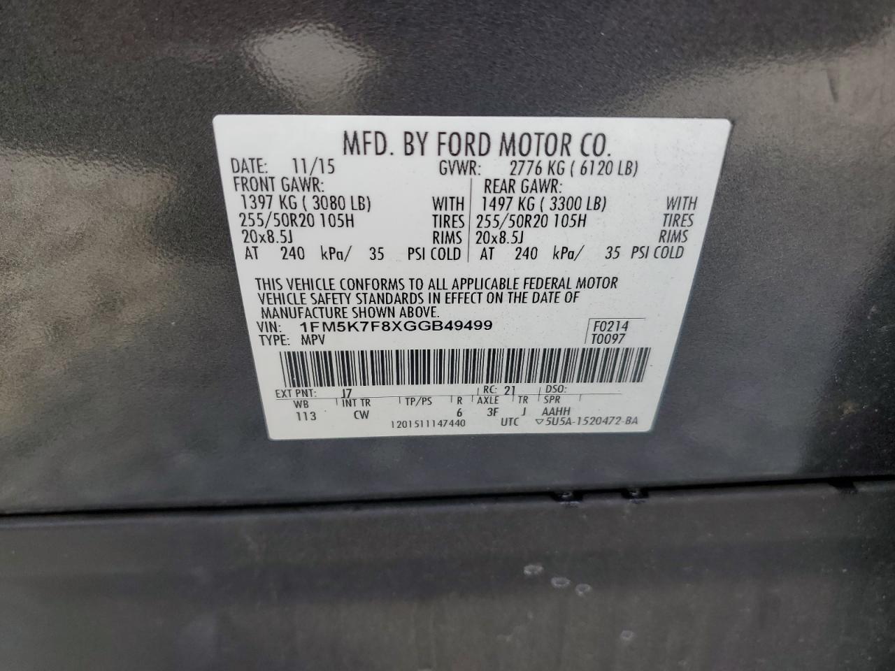 2016 Ford Explorer VIN 1FM5K7F8XGGB49499 Copart auction photo, side / front end damage thumbnail 13