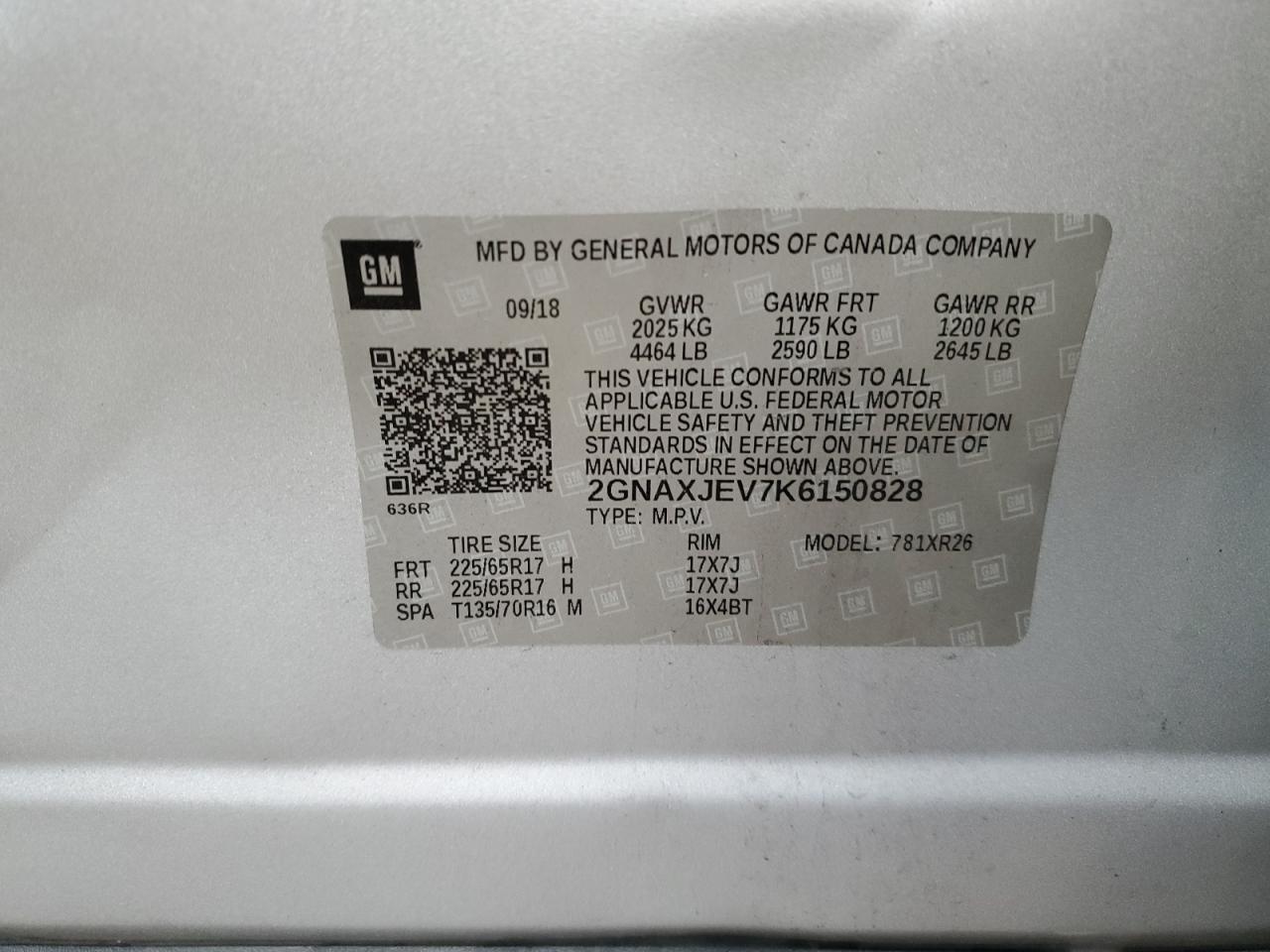 2019 Chevrolet Equinox VIN 2GNAXJEV7K6150828 Copart auction photo, side / front end damage thumbnail 13