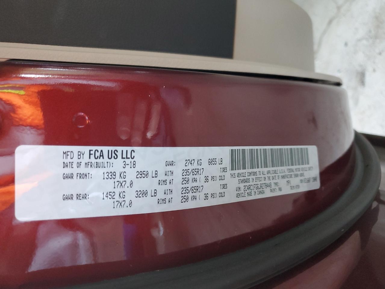 2018 Chrysler Pacifica VIN 2C4RC1FG6JR278448 Copart auction photo, front end damage thumbnail 13