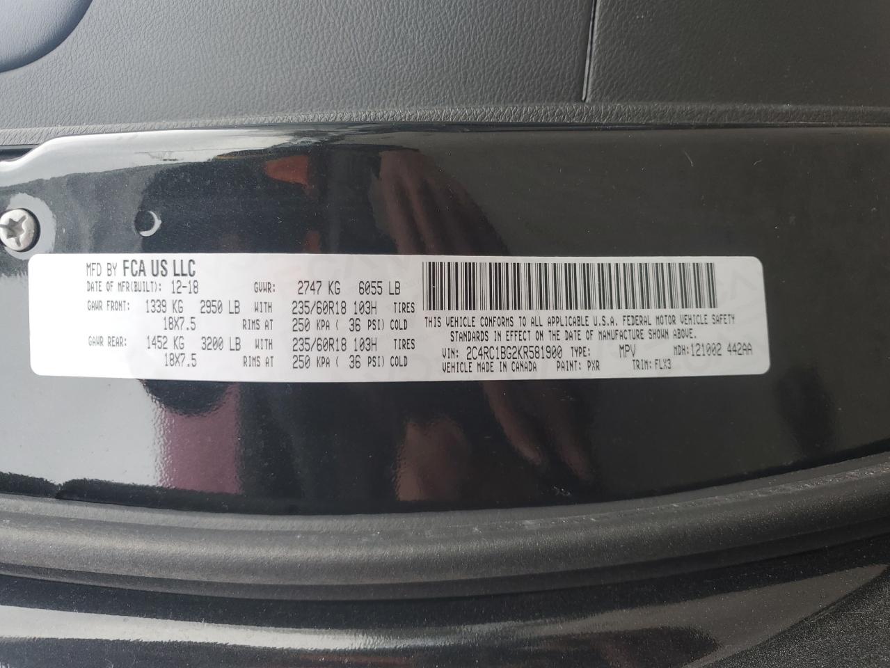 2019 Chrysler Pacifica VIN 2C4RC1BG2KR581900 Copart auction photo, front end / side damage thumbnail 14