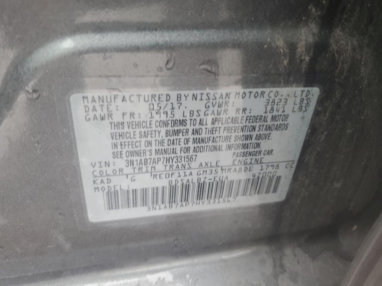 2017 Nissan Sentra VIN 3N1AB7AP7HY331567 Copart auction photo, rear end damage thumbnail 12