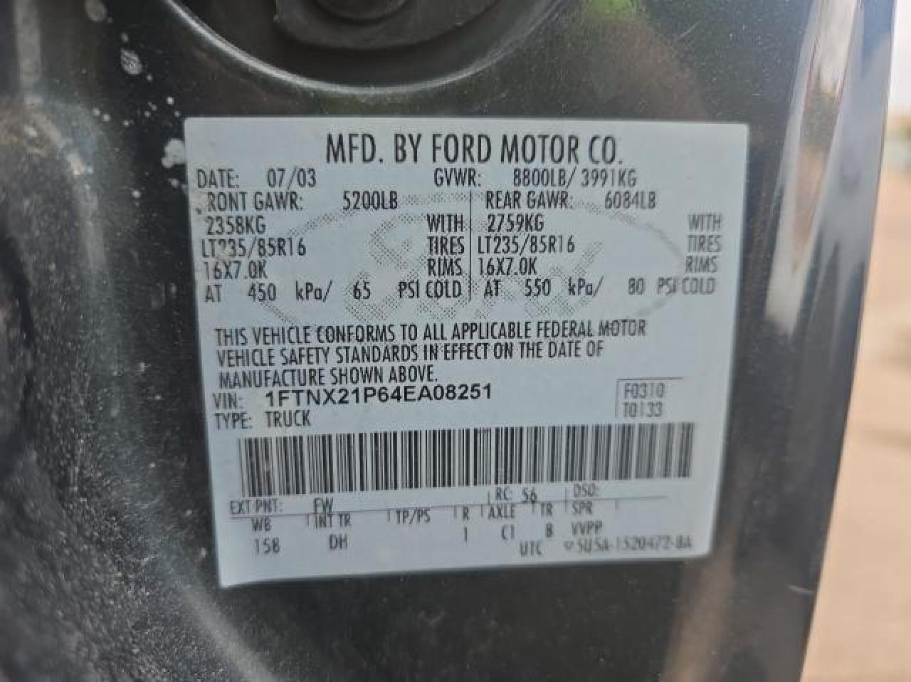 2004 Ford F250 VIN 1FTNX21P64EA08251 Copart auction photo, normal wear / minor dent/scratches damage thumbnail 10