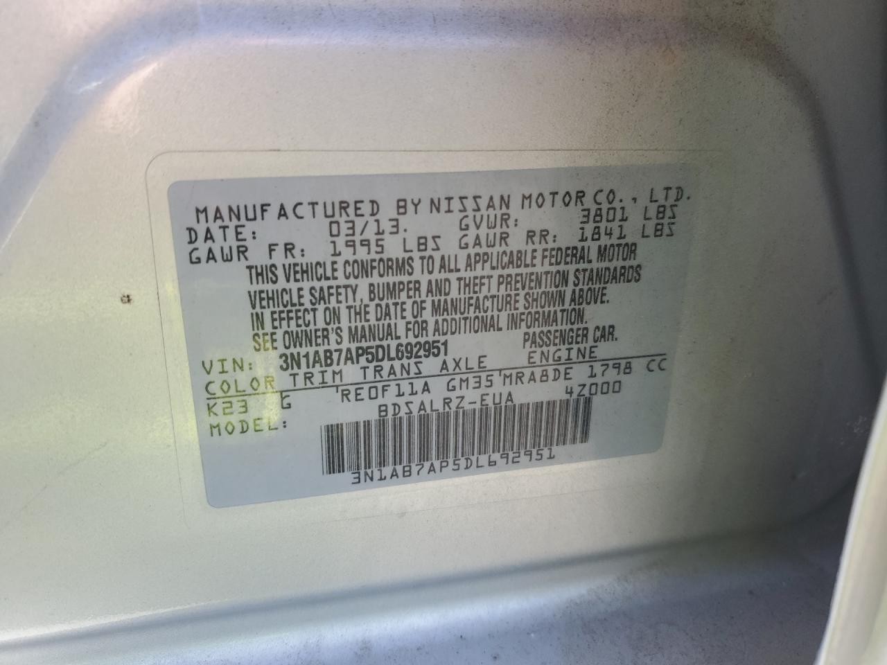2013 Nissan Sentra VIN 3N1AB7AP5DL692951 Copart auction photo, front end damage thumbnail 14