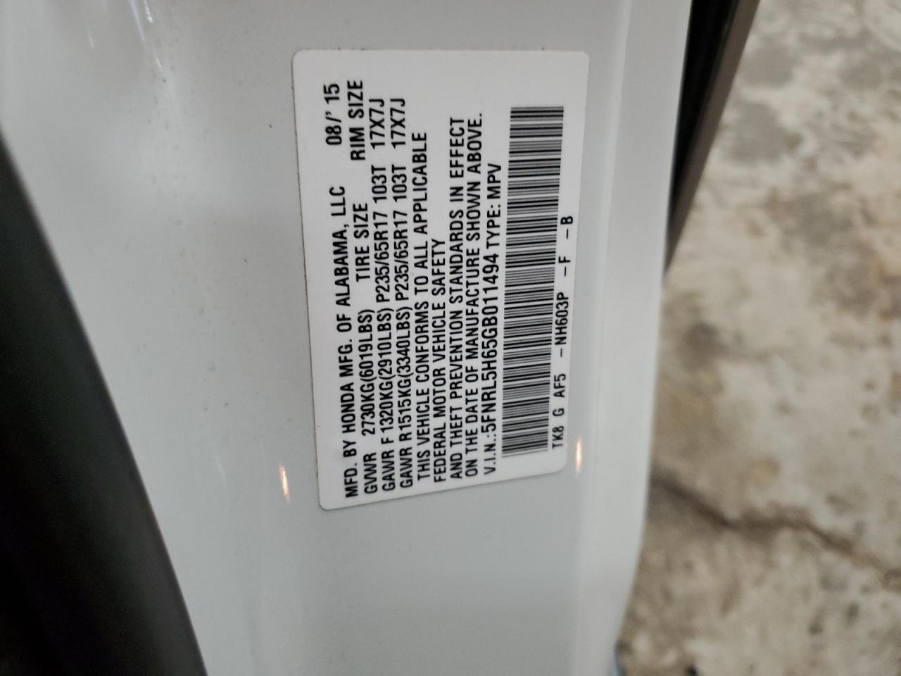 2016 Honda Odyssey VIN 5FNRL5H65GB011494 Copart auction photo, front end damage thumbnail 13