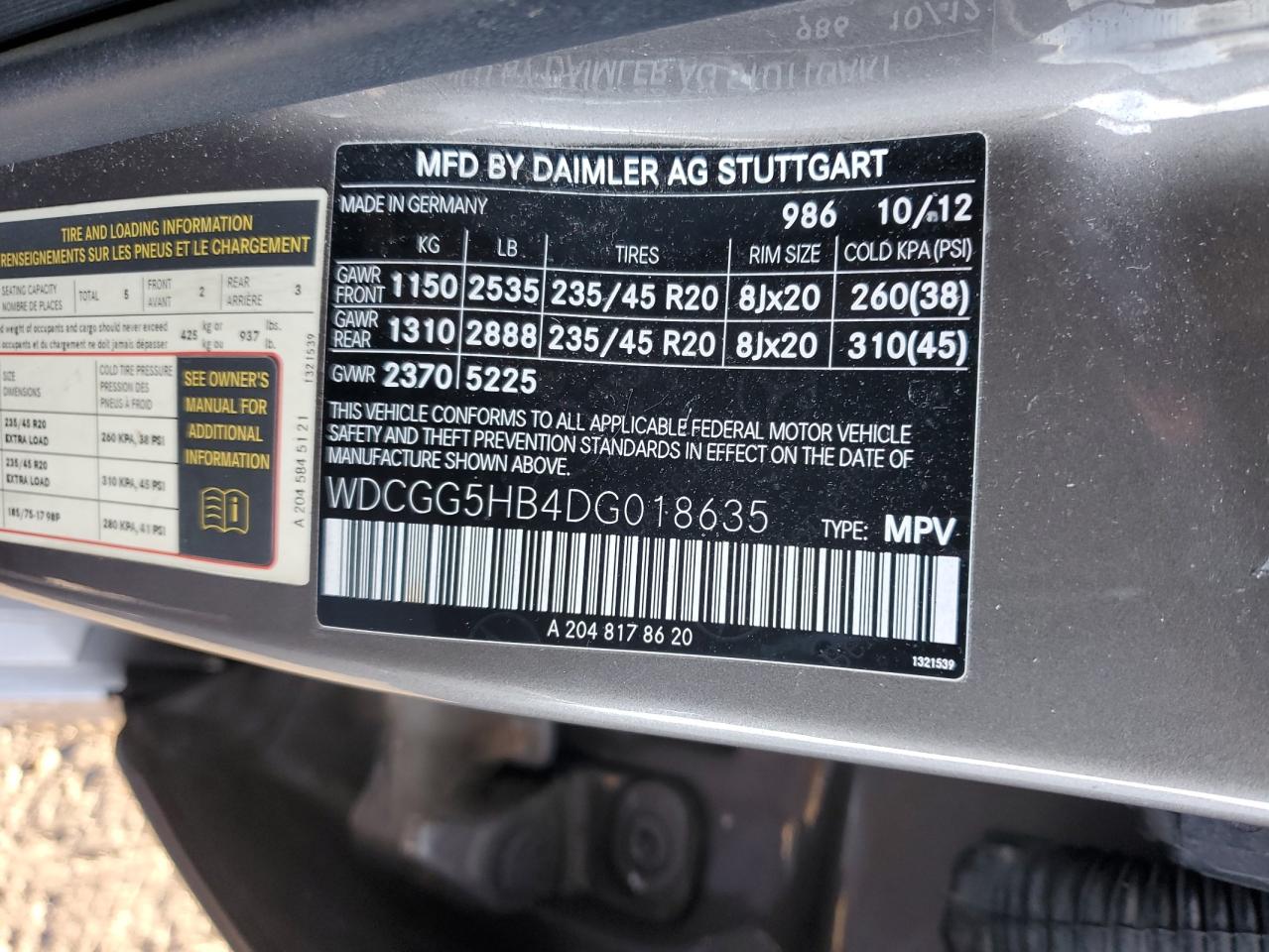 2013 Mercedes-Benz GLK-klasse VIN WDCGG5HB4DG018635 Copart auction photo, side damage thumbnail 13