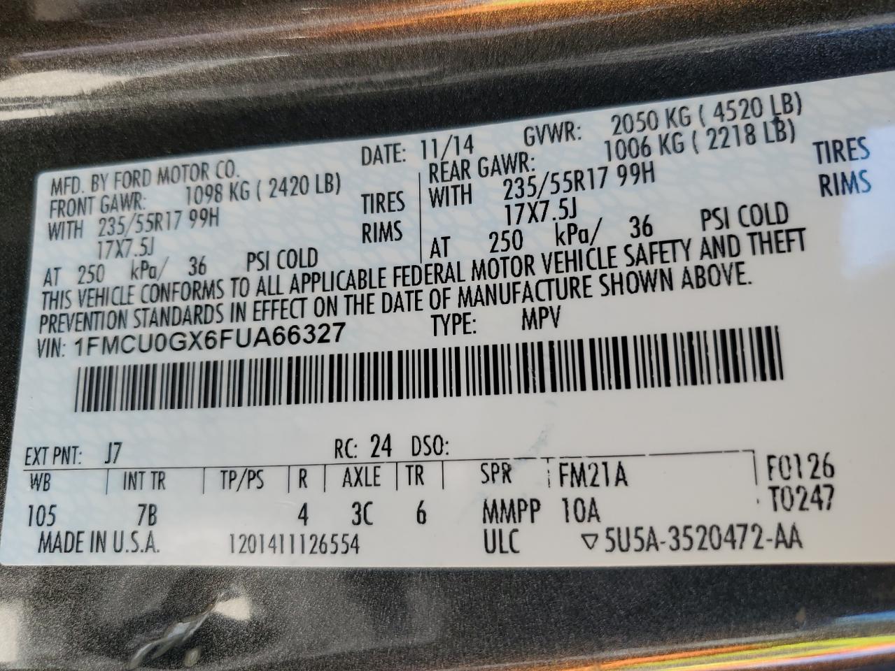 2015 Ford Escape VIN 1FMCU0GX6FUA66327 Copart auction photo, minor dent/scratches damage thumbnail 13