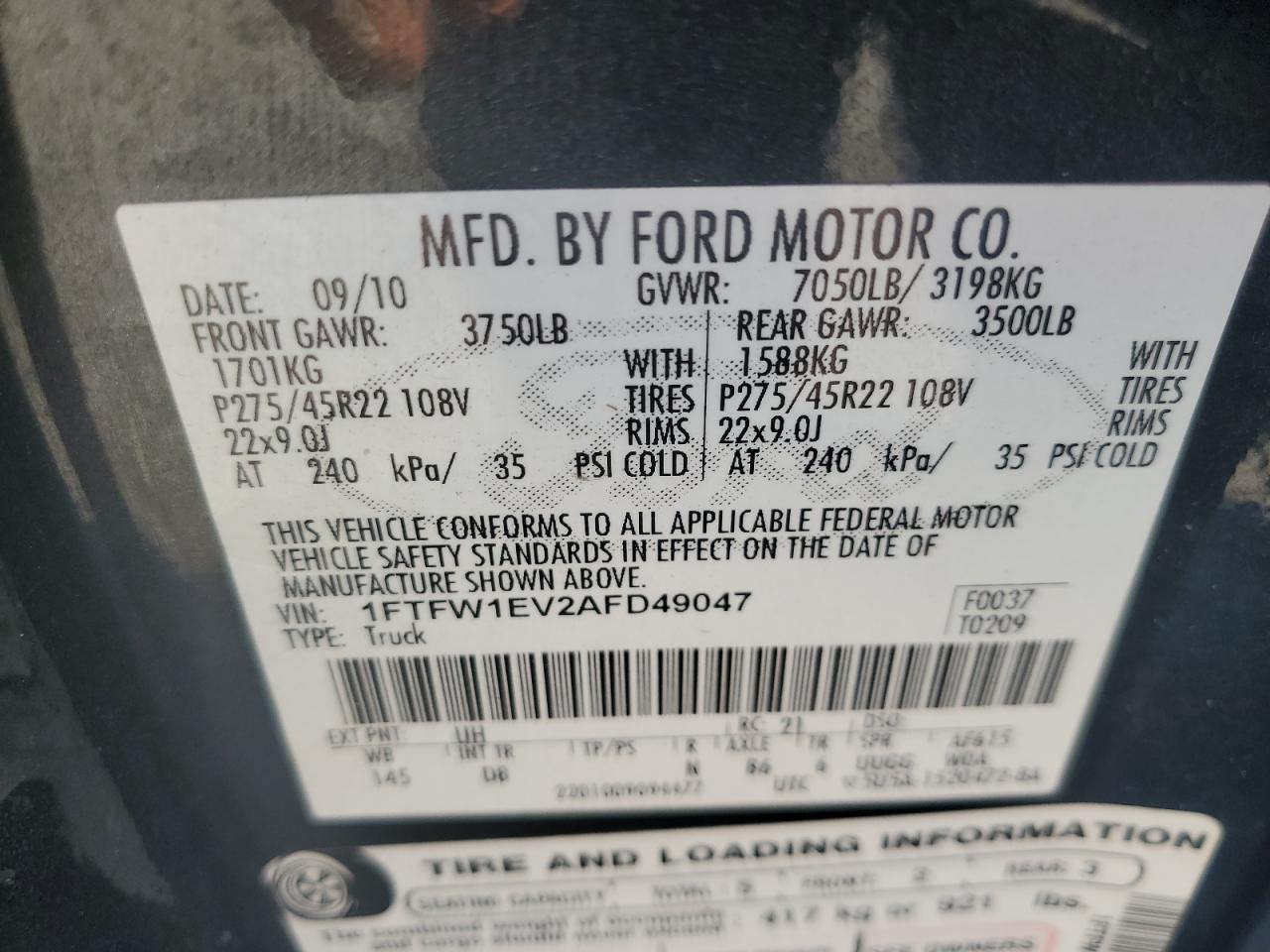 2010 Ford F-150 VIN 1FTFW1EV2AFD49047 Copart auction photo, front end damage thumbnail 12