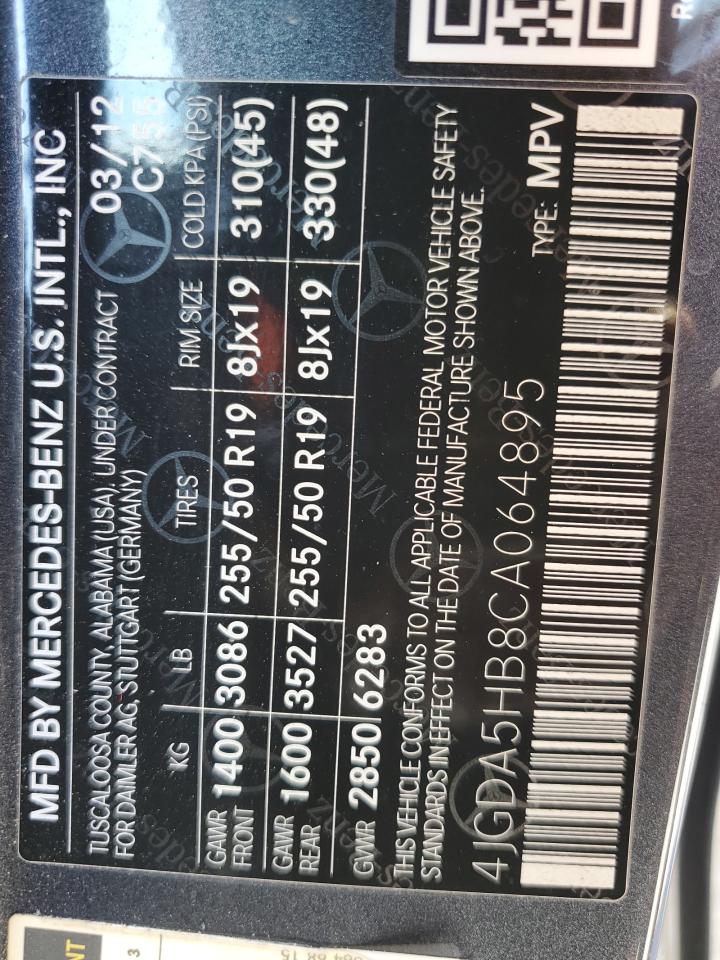 2012 Mercedes-Benz M-klasse VIN 4JGDA5HB8CA064895 Copart auction photo, side / front end damage thumbnail 15