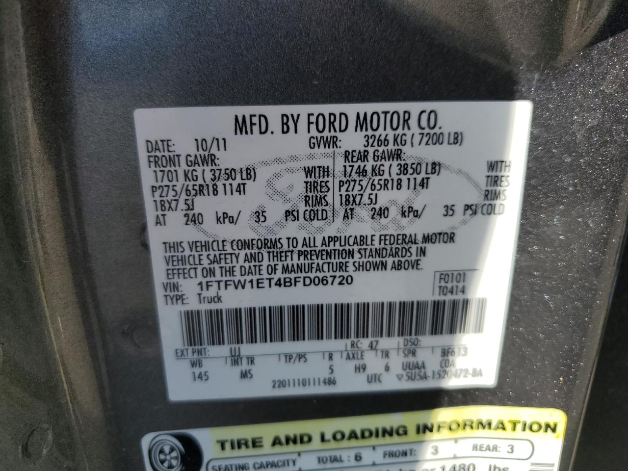 2011 Ford F-150 VIN 1FTFW1ET4BFD06720 Copart auction photo, all over damage thumbnail 12