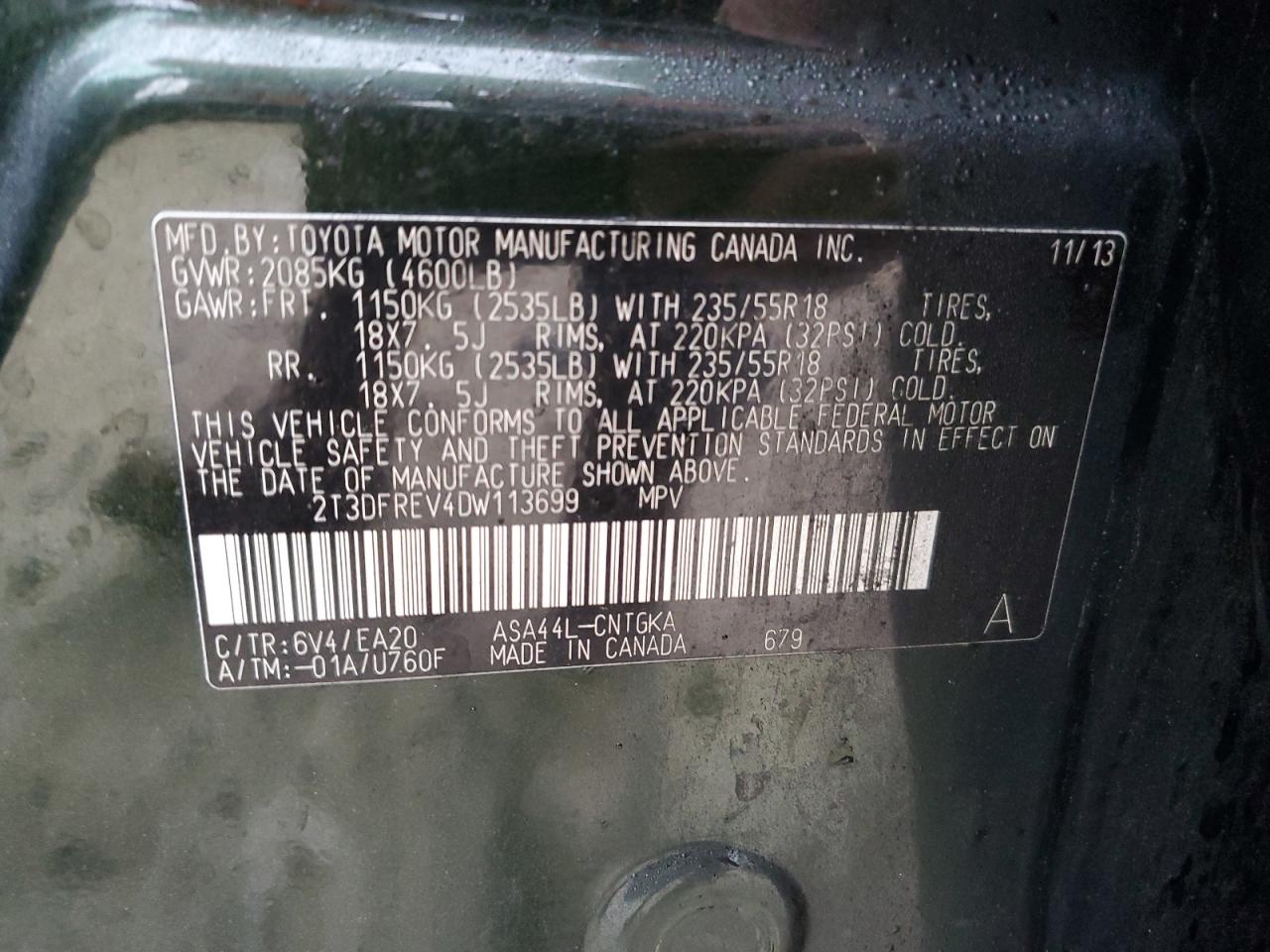 2013 Toyota RAV 4 VIN 2T3DFREV4DW113699 Copart auction photo, front end / rear end damage thumbnail 14