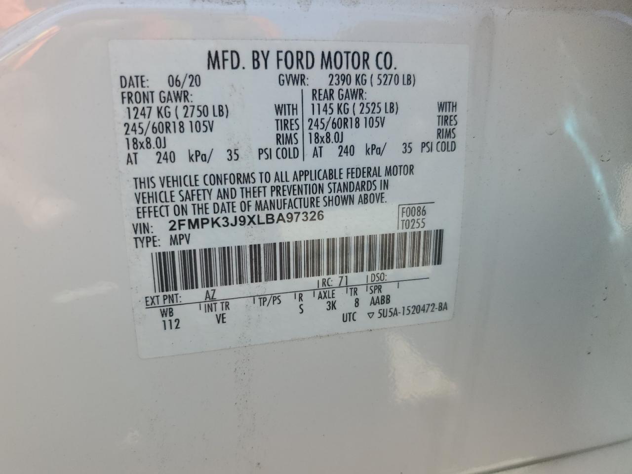 2020 Ford Edge VIN 2FMPK3J9XLBA97326 Copart auction photo, front end damage thumbnail 16