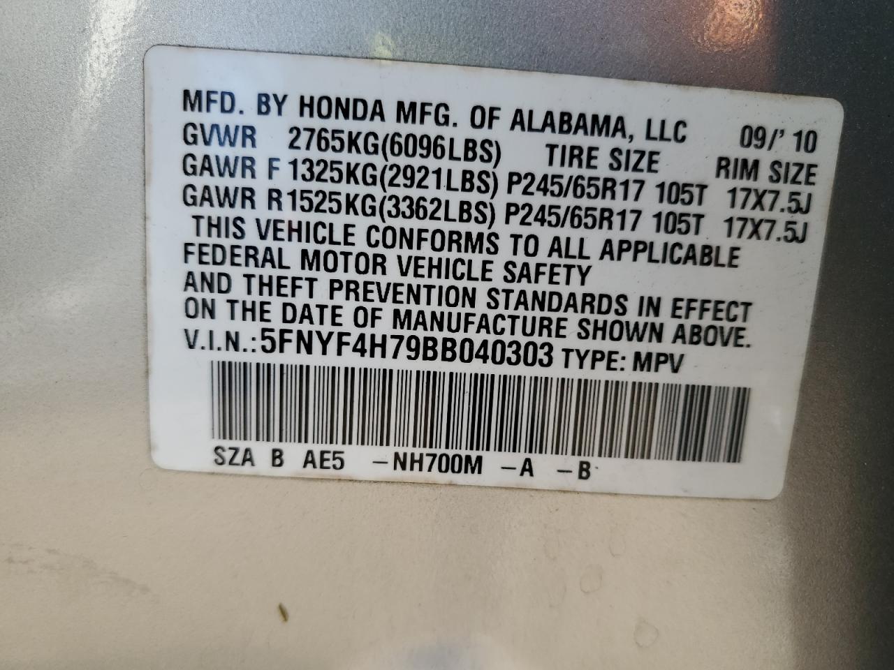 2011 Honda Pilot VIN 5FNYF4H79BB040303 Copart auction photo, front end / undercarriage damage thumbnail 13