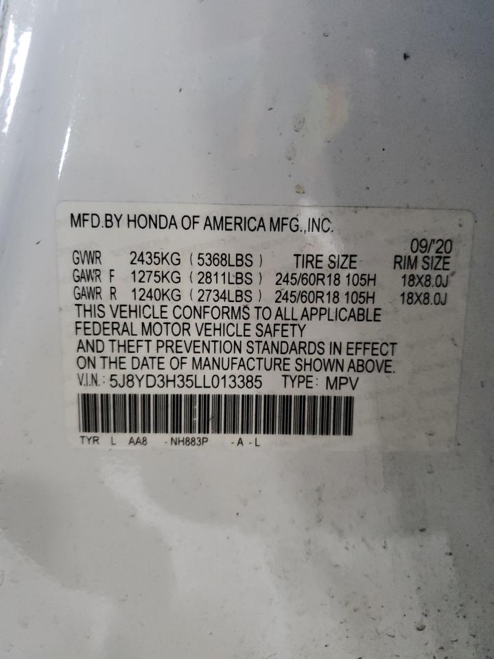 2020 Acura MDX VIN 5J8YD3H35LL013385 Copart auction photo, front end damage thumbnail 14