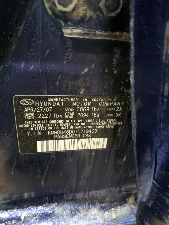 2007 Hyundai Elantra VIN KMHDU46D07U219403 Copart auction photo, front end / side damage thumbnail 13
