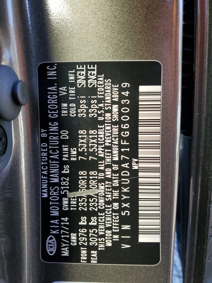 2015 KIA Sorento VIN 5XYKUDA71FG600349 Copart auction photo, rear end / front end damage thumbnail 15