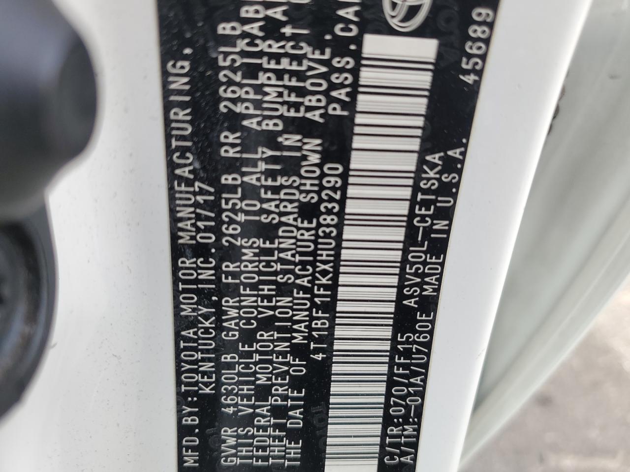 2017 Toyota Camry VIN 4T1BF1FKXHU383290 Copart auction photo, rear end damage thumbnail 12