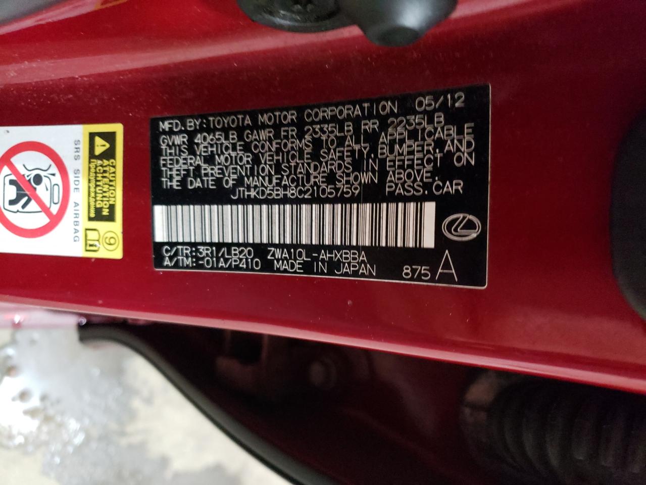 2012 Lexus CT VIN JTHKD5BH8C2105759 Copart auction photo, front end damage thumbnail 12