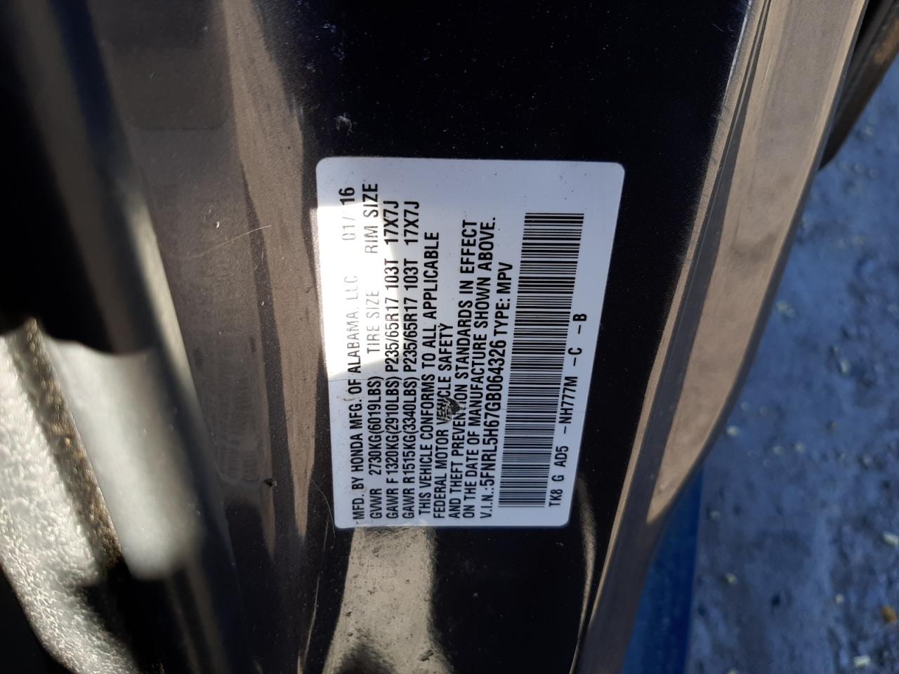 2016 Honda Odyssey VIN 5FNRL5H67GB064326 Copart auction photo, front end / rear end damage thumbnail 13