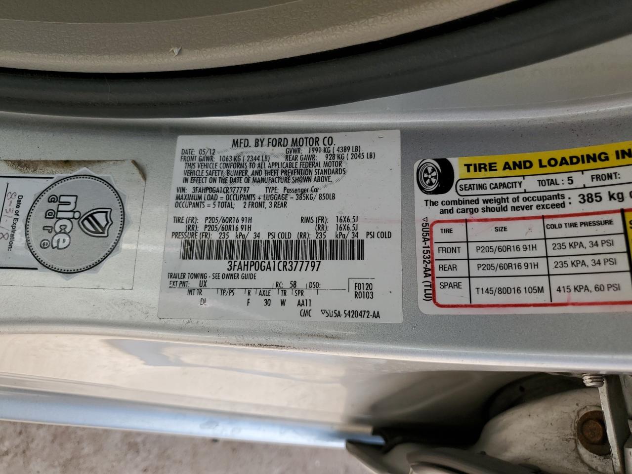 2012 Ford Fusion VIN 3FAHP0GA1CR377797 Copart auction photo, rear end / front end damage thumbnail 12