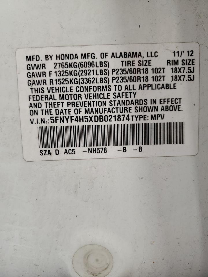 2013 Honda Pilot VIN 5FNYF4H5XDB021874 Copart auction photo, front end damage thumbnail 14