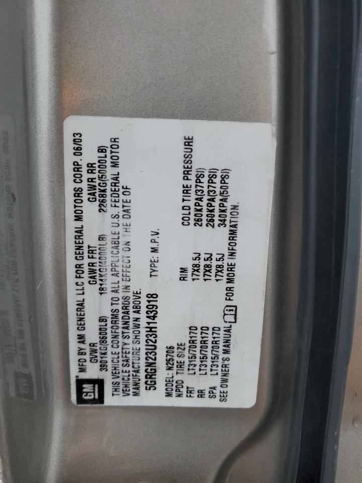 2003 Hummer H2 VIN 5GRGN23U23H143918 Copart auction photo, normal wear damage thumbnail 13