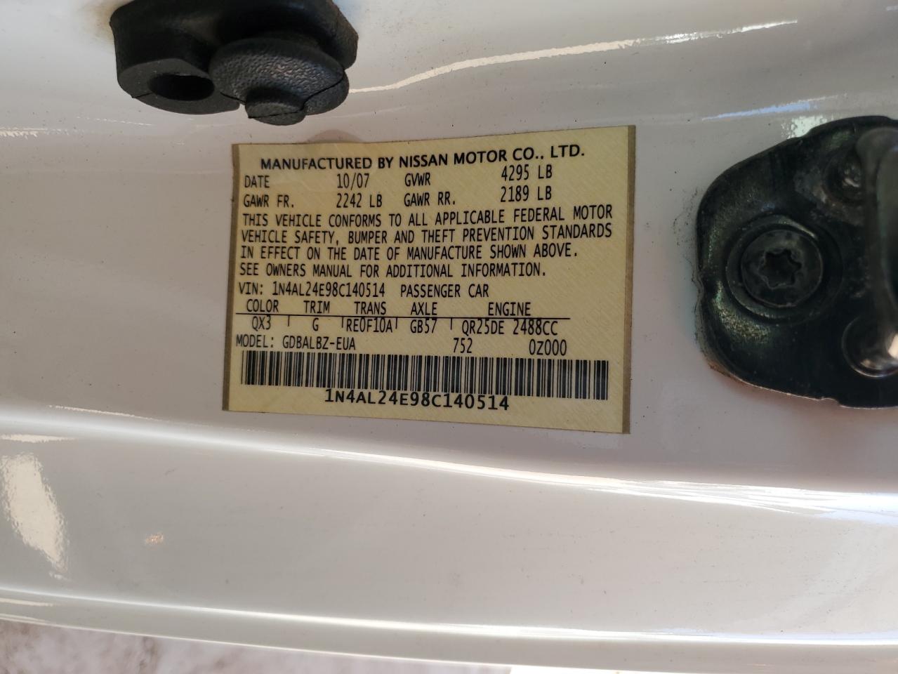 2008 Nissan Altima VIN 1N4AL24E98C140514 Copart auction photo, front end / side damage thumbnail 14