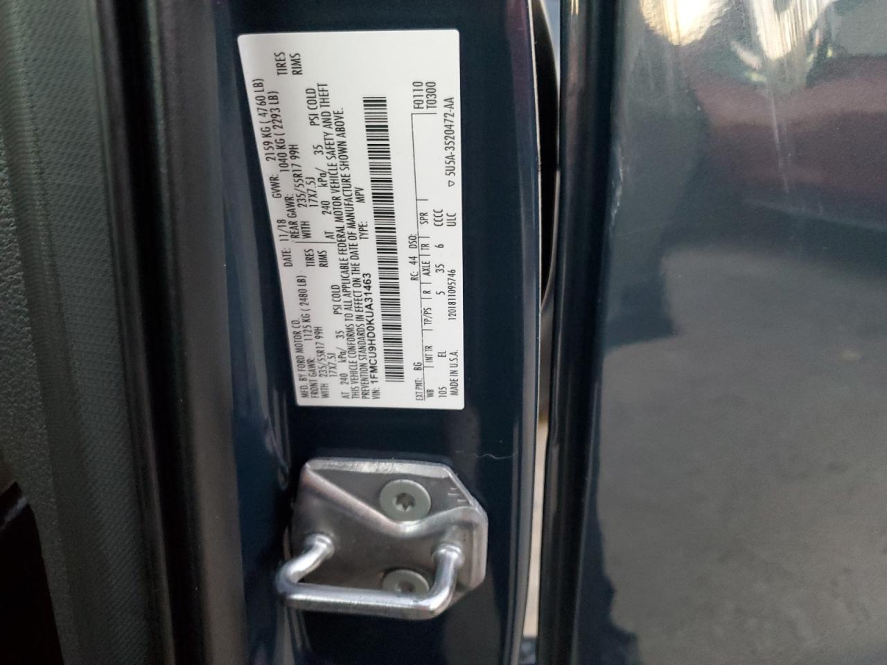 2019 Ford Escape VIN 1FMCU9HD0KUA31463 Copart auction photo, all over damage thumbnail 13